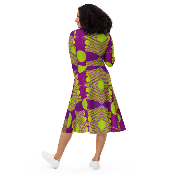 All-over print long sleeve midi dress in eye colors