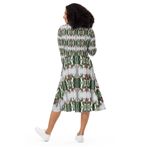 All-over print long sleeve midi dress in eye colors