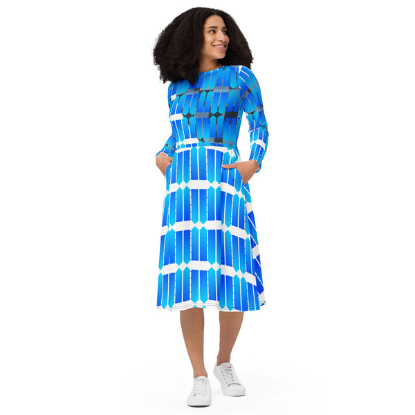 All-over print long sleeve midi dress in eye colors