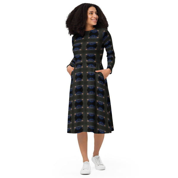 All-over print long sleeve midi dress in eye colors