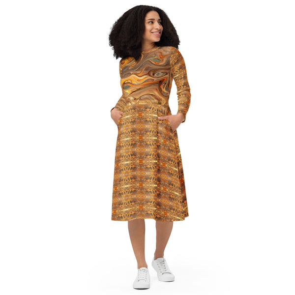 All-over print long sleeve midi dress in Eye Colors