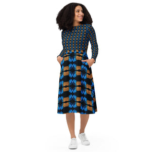 All-over print long sleeve midi dress in Eye Colors