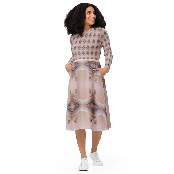 All-over print long sleeve midi dress in eye colors