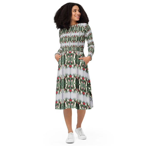 All-over print long sleeve midi dress in eye colors