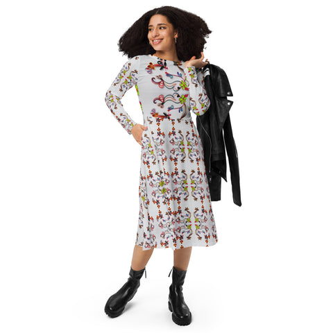 All-over print long sleeve midi dress in eye colors