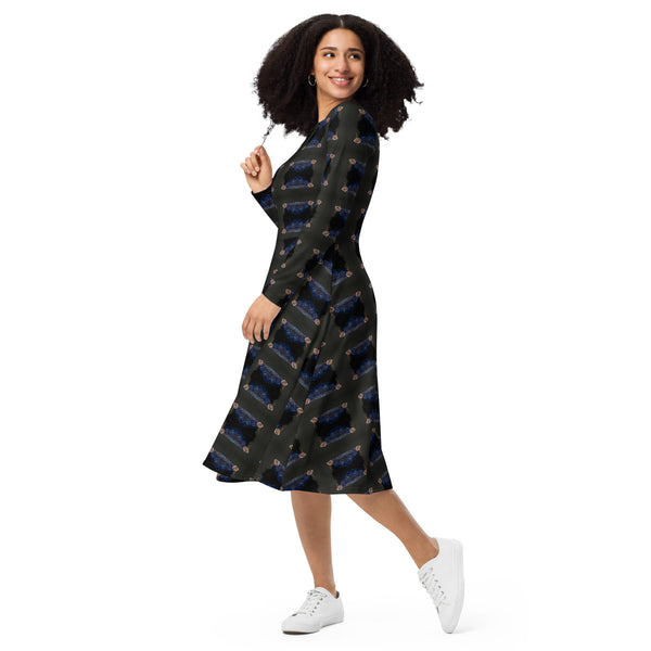 All-over print long sleeve midi dress in eye colors