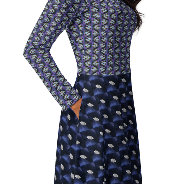 All-over print long sleeve midi dress in Eye Colors