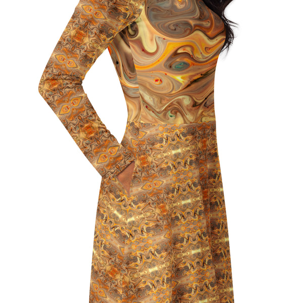 All-over print long sleeve midi dress in Eye Colors