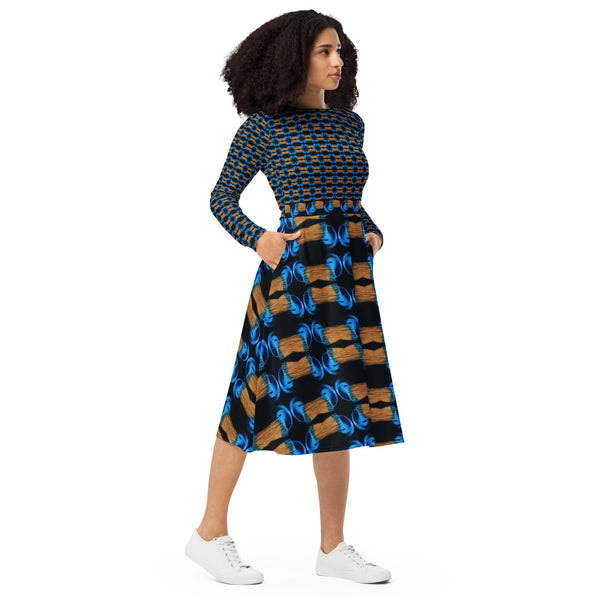 All-over print long sleeve midi dress in Eye Colors