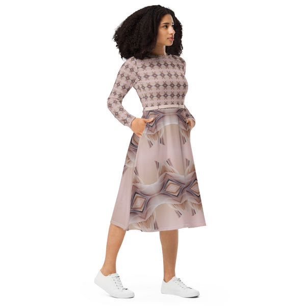 All-over print long sleeve midi dress in eye colors