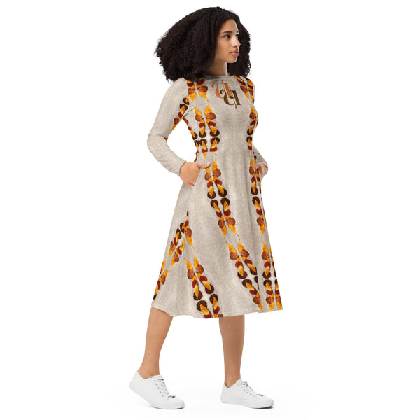 All-over print long sleeve midi dress in eye colors